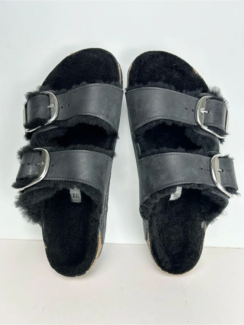 Birkenstock Arizona Big Buckle Shearling Black Two Strap Sandals EU 39 US 8